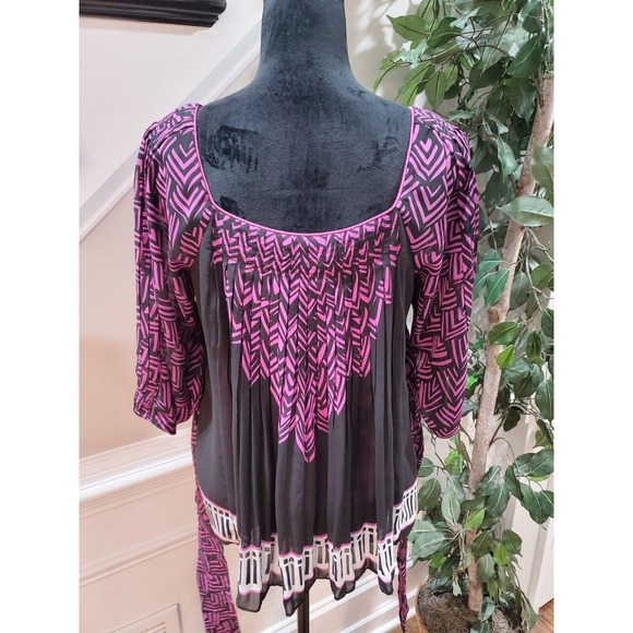 Nicole Miller Women's Black & Pink Pleated Square Neck 3/4 Sleeve Top Blouse 6 - Picture 6 of 15